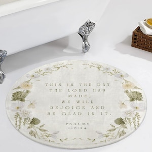 Psalm 118:24 Rund matta | Blommig bibelversmatta, mjuk korallröd sammetdekor