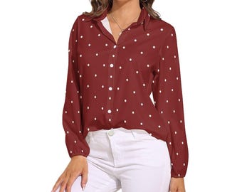 Casual Polka Dot Button Down Shirt for Women, Long Sleeve Blouse