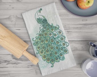 Elegant Peacock Cotton Tea Towel: Kitchen Decor Gift