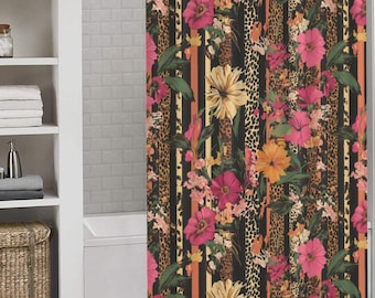 Douchegordijn met tropische bloemen en luipaardprint – Badkamer boho-oerwoud