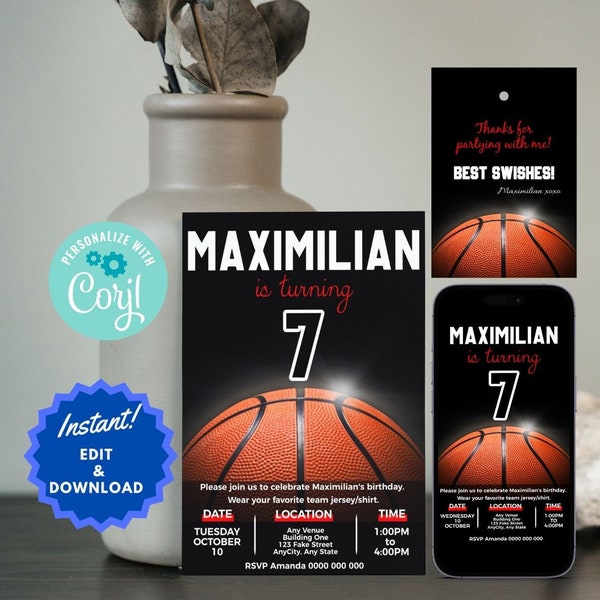 Editable Basketball Birthday Invitation, Basketball Invite, Sports Party, Sports Theme, Basketball Party Invite, Sports Theme Invite