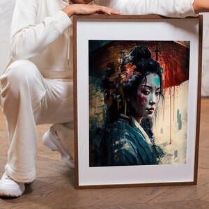 Japanese geisha with hair ornament in kimono in a rain of colors. Wall art. Digital wall art. Watercolor. Asian decoration mural. Japan decoration