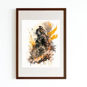 Japanese samurai, determined for victory in the temple. Wall art. Digital wall art. Watercolor. Asian decoration mural. Japan decoration