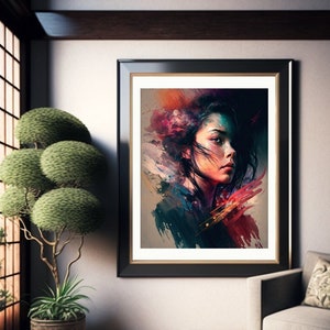 A young, pretty geisha in beautiful colors. Portrait. Wall art. Digital wall art. Oil painting. Asian decoration mural. Japan decoration