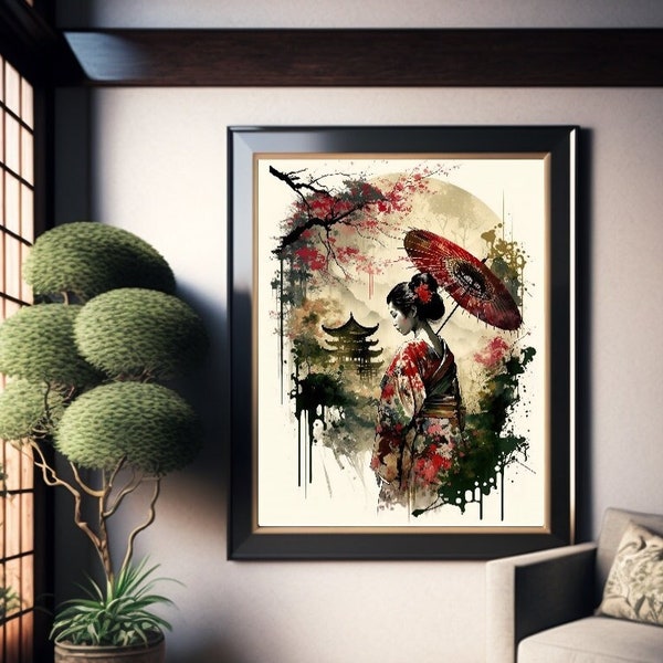Geisha with umbrella in garden and temple. Wall art. Digital wall art. Watercolor. Asian decoration mural. Japan decoration