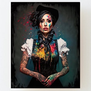 An interesting woman from the Black Forest with tattoos and splashes of paint. Wall Art. Digital Wall Art. Oil. Decorative mural. Mix of styles.