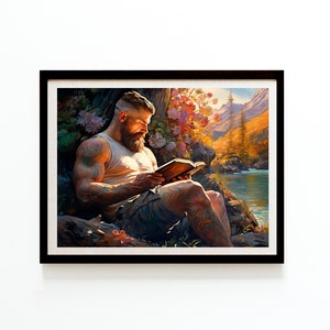 Tattooed Man Reading at Lake | Wall Art. Digital decorative wall art. Home Decor. Pastel. Colors.
