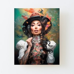 Very interesting woman from the Black Forest with lots of tattoos and a Bollenhut. Wall art. Digital wall art. Oil. Decorative mural. Mix of styles.