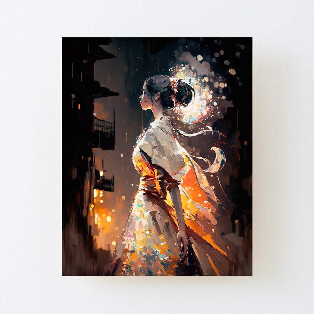 A Beautiful Japanese Woman at Night and in the Rain in White  