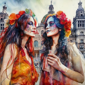 Two young women with great flower hair decorations in front of a palace. Wall art. Digital decoration mural. Palace. Watercolor. Decoration. Home