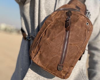 Wax Canvas Satchel Sling Bag with Front Zipper
