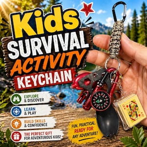 May include: A Kids Survival Activity Keychain with a red and black multi-tool, compass, and playing card. The keychain includes a black carabiner clip and a woven lanyard. Text on the image reads: Explore & Discover, Learn & Play, Build Skills & Confidence.