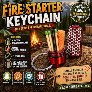 May include: A red fire starter keychain with a silver keyring. The keychain includes matches, cotton tinder, and a ferro rod. Text on the image reads "Fire Starter Keychain" and "Adventure Ready!"