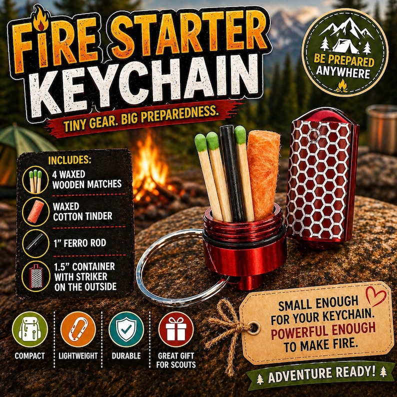 Mini Fire Starter Keychain Kit: Waxed Matches, Ferro Rod, Tinder - Etsy
