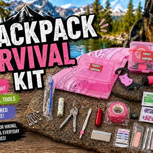 May include: A pink backpack survival kit with the text "BACKPACK SURVIVAL KIT". The kit includes a pink bandana, a small pink container labeled "POCKET SURVIVAL", and various tools like a knife, tape, and bandages. The background shows a mountain and a backpack.