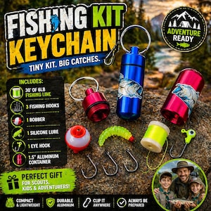 May include: A fishing kit keychain with a blue and red aluminium container, fishing line, hooks, bobber, lure, and eye hook. The kit includes a 9.14-meter fishing line and is designed for scouts, kids, and adventurers. The text on the image says "Adventure Ready."