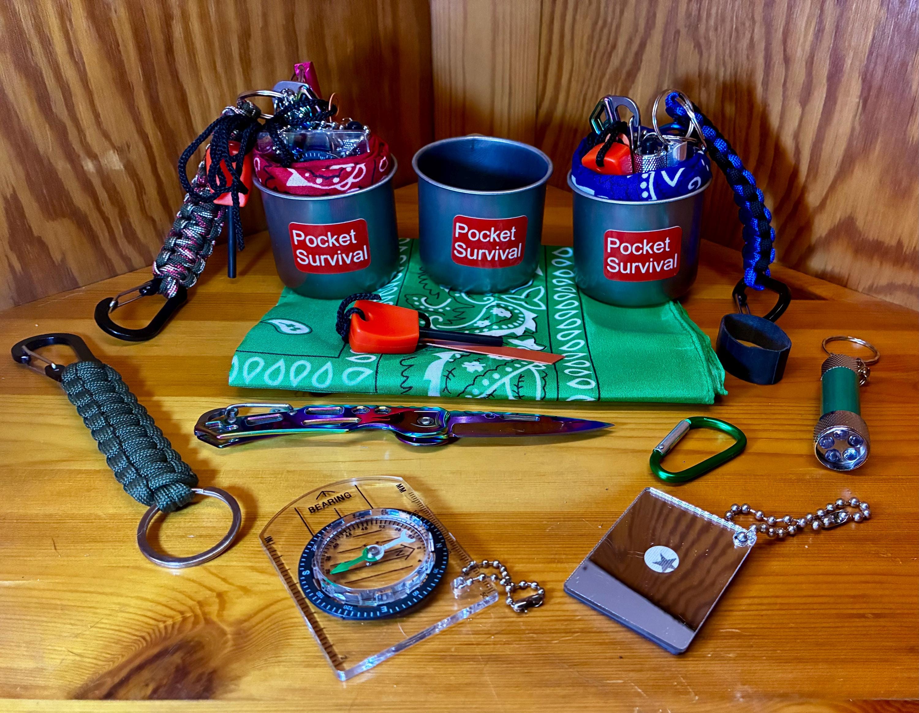 Preppers Keychains Survival Cup Keychain Kit: Compass, Knife, Flashlight, Bandana, Signal ...