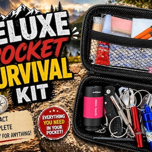 May include: Black zippered case labeled "DELUXE POCKET SURVIVAL KIT" with various survival tools. Includes a mini-torch, compass, knife, scissors, and other small items. Text on the case reads "Compact, Complete, Ready for Anything!"