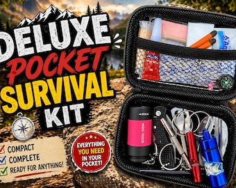 Könnte beinhalten: Schwarze Reißverschlusstasche mit der Aufschrift "DELUXE POCKET SURVIVAL KIT" mit verschiedenen Überlebenswerkzeugen. Enthält eine Mini-Taschenlampe, einen Kompass, ein Messer, eine Schere und andere kleine Gegenstände. Text: "Compact, Complete, Ready for Anything!"