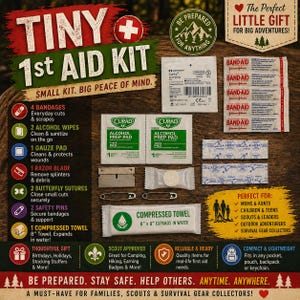 May include: A compact first aid kit with the text "TINY 1st AID KIT" and "SMALL KIT. BIG PEACE OF MIND." The kit includes bandages, alcohol wipes, gauze pad, razor blade, butterfly sutures, safety pins, and a compressed towel. The kit is 8" x 8" when expanded.