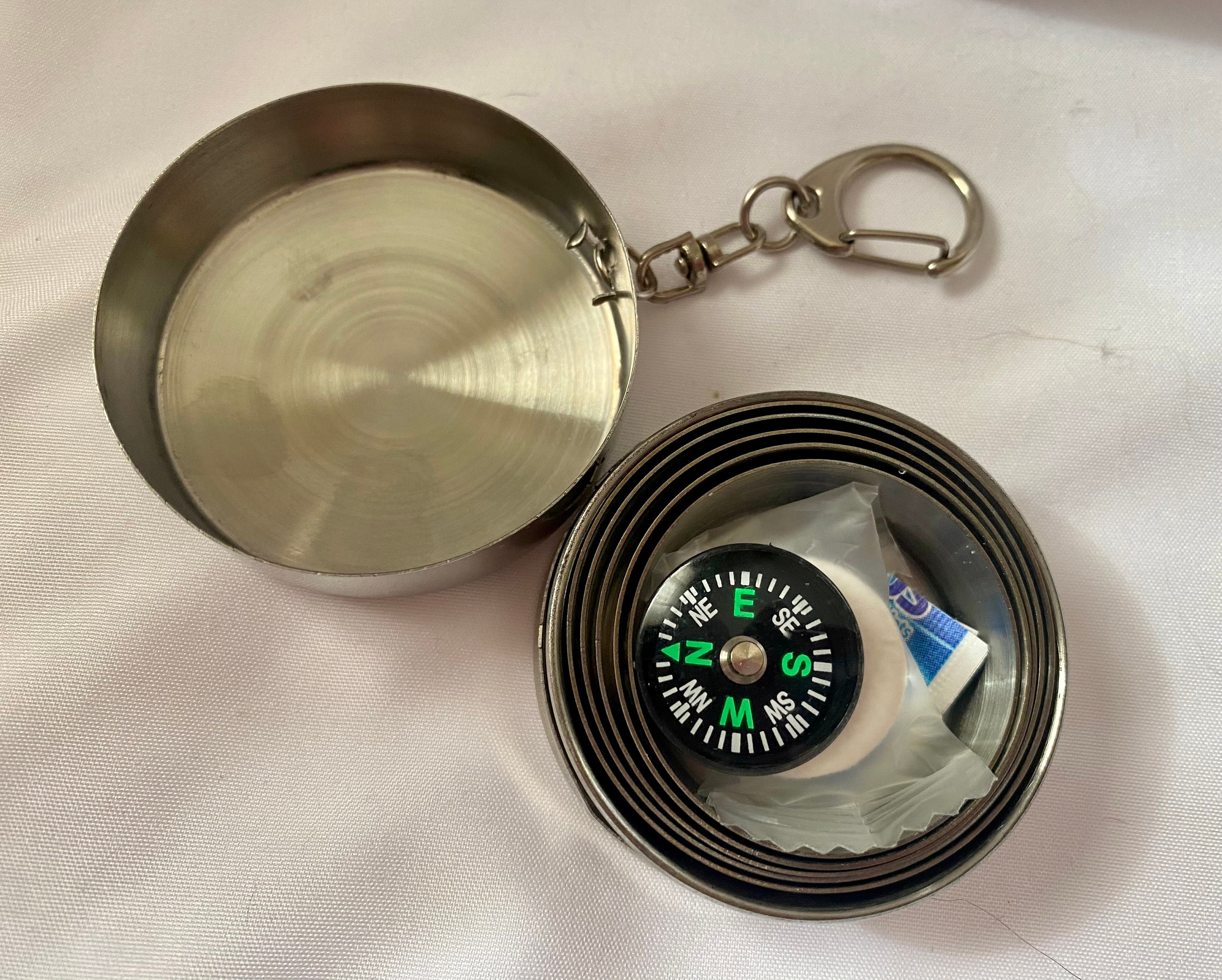 2 COLLAPSIBLE SURVIVAL Kit KEYCHAIN Steel Cup, Water Tablets, Compass ...