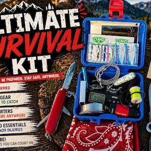 May include: A blue survival kit with various tools and supplies, including a knife, radio, and first aid essentials. The kit is labeled "Ultimate Survival Kit" and is designed for adventure and emergencies.