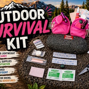 May include: An outdoor survival kit with pink pouches, a knife, matches, and first-aid supplies. The kit includes a compass, safety pins, and a small tube of red liquid. The text on the image reads "Outdoor Survival Kit."