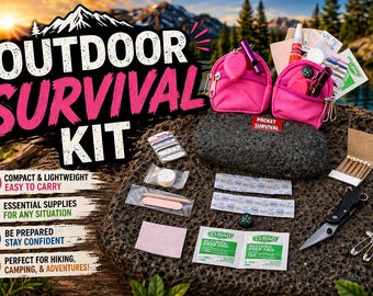 May include: An outdoor survival kit with pink pouches, a knife, matches, and first-aid supplies. The kit includes a compass, safety pins, and a small tube of red liquid. The text on the image reads "Outdoor Survival Kit."