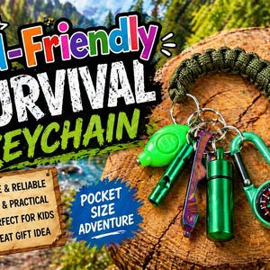 Op de afbeelding: Een groene survival sleutelhanger met diverse tools, waaronder een fluitje, kompas en een kleine container. De sleutelhanger heeft een groene paracord lus en een zwarte karabijnhaak. De tekst op de afbeelding luidt "Kid-Friendly SURVIVAL KEYCHAIN".
