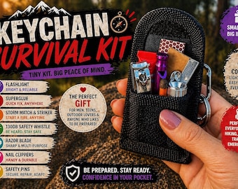 May include: Black keychain survival kit with various tools, including a flashlight, nail clippers, and safety pins. The kit is compact and designed for everyday carry, hiking, camping, travel, and emergencies. Text on the kit reads "Keychain Survival Kit."