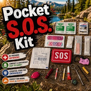 May include: A Pocket S.O.S. Kit with essential emergency items. Includes a red SOS tin, bandages, alcohol prep pads, a compass, a whistle, a small flashlight, and other survival tools. The kit is designed to be compact and lightweight.