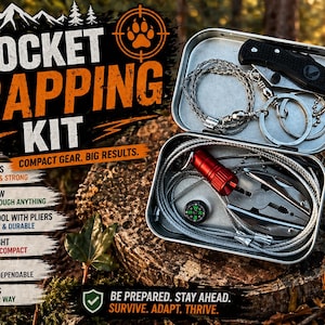 Può includere: Kit di trappolaggio tascabile in una scatola di metallo, con coltello, sega a filo, multiutensile, torcia, bussola e lacci. Il kit è progettato per cacciatori, amanti dell'outdoor e survivalisti. Il testo sulla scatola recita "Pocket Trapping Kit".