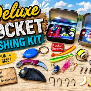 May include: Deluxe Pocket Fishing Kit with various fishing lures, hooks, and accessories. Includes a blue keychain light, a small knife, and a compact tin. The kit is labeled "Big Fun Tiny Size!" and "Pocket Survival."