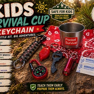 Puede incluir: Un kit de llavero Kids Survival Cup con una taza de acero, una bandana, un silbato, una linterna, una multiherramienta, paracord, vendas y una brújula. El kit incluye una brújula roja, una linterna roja y un llavero rojo y negro. Diseñado para jóvenes exploradores.