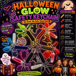 以下が含まれることがあります： 子供向けのハロウィーン グロー セーフティ キーチェーン キット。グロースティック、懐中電灯、笛、フィジェットおもちゃ、コンパス、包帯、カラビナが付属しています。キットにはさまざまな色と形があり、「子供へのプレゼントに最適！」と「暗闇で光る！」というテキストが表示されます。
