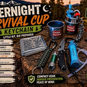 Może przedstawiać: Zestaw Overnight Survival Cup Keychain z filtrem do wody, kocem termicznym, krzesiwem, kubkiem stalowym, latarką, scyzorykiem i linką paracord. Idealny do przygód na świeżym powietrzu i w sytuacjach awaryjnych.