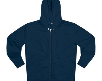 May include: A navy blue zip-up hoodie with a hood and a front pocket.