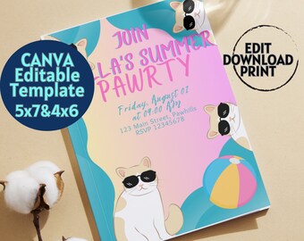 Summer Editable Canva Birthday Invitation Template | Digital Pet Party Card | Printable Dogs and Cats Pet Invite | Digital Download
