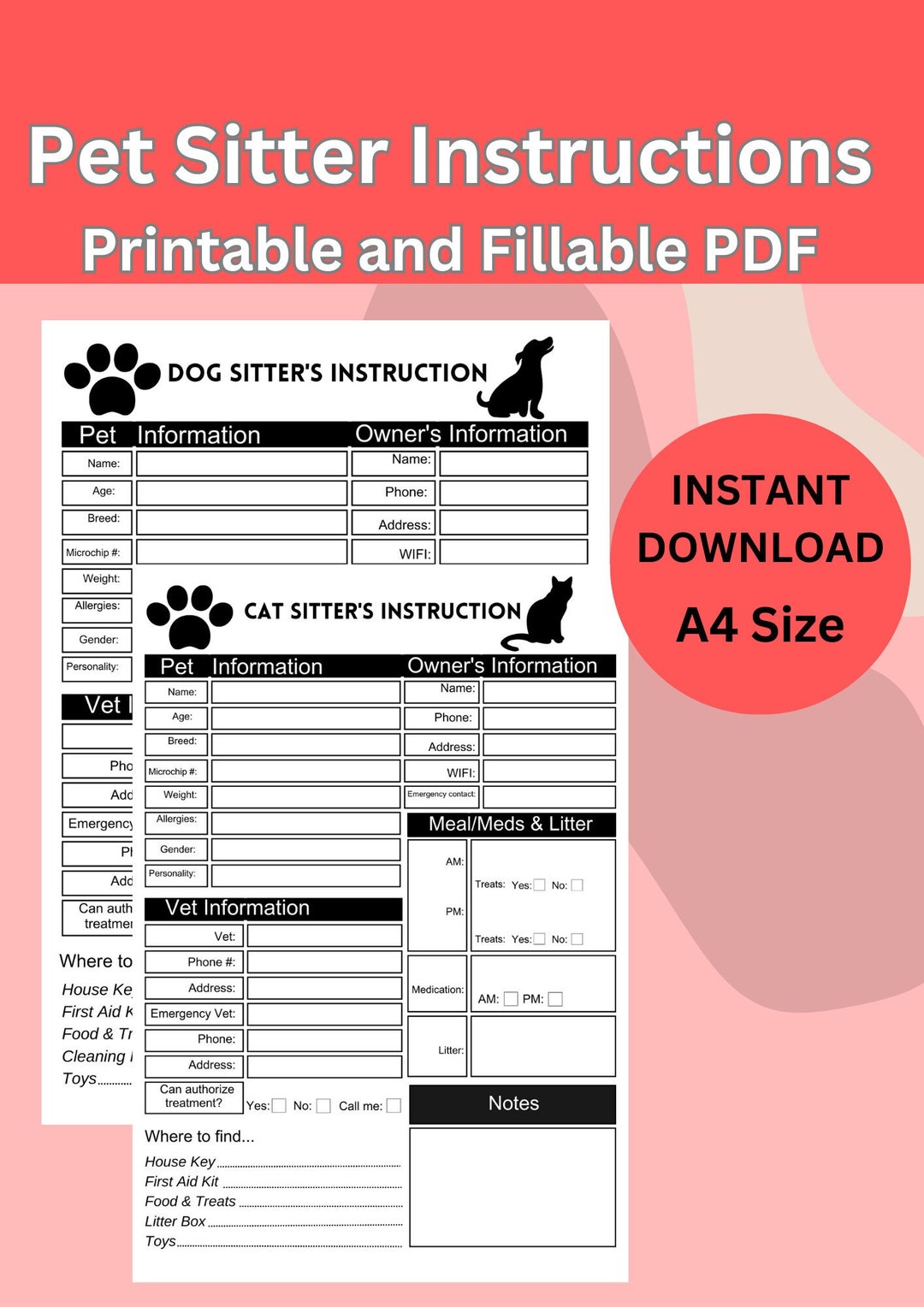 Pet Sitter Instructions Guide Printable and Fillable PDF, Pet Sitter