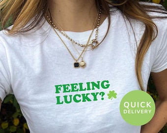 Feeling Lucky Baby Tee St Patricks Day Crop Top Irish Y2K Aesthetic Shirt Soft Girl Shamrock Tee St Paddys Day Cute Outfit Lucky Charm Tee