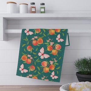 Pfirsiche und Schmetterlinge Geschirrtuch | Türkis Orange Grün Pink | Lebensfroh | Klassisch | Geschenk für Mama | Wohndekor