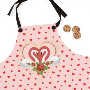 Valentine&#39;s Swans Apron, Red Hearts Roses Pink Kitchen Party Decor, Love Cooking Gift, Romantic Chef Apron, Valentine&#39;s Day Apron