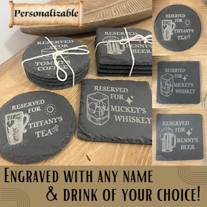 Personalised Slate Coaster Reserved for name Tea Coffee Beer Whisky Engraved home Gift Wedding Birthday Anniversary Christmas Camping Set