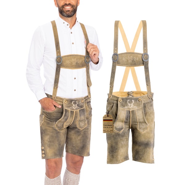 Bavaria Trachten Lederhosen Men, Oktoberfest Outfit Traditional German Clothing, German Costume Leiderhosen Short Mushroom Brown