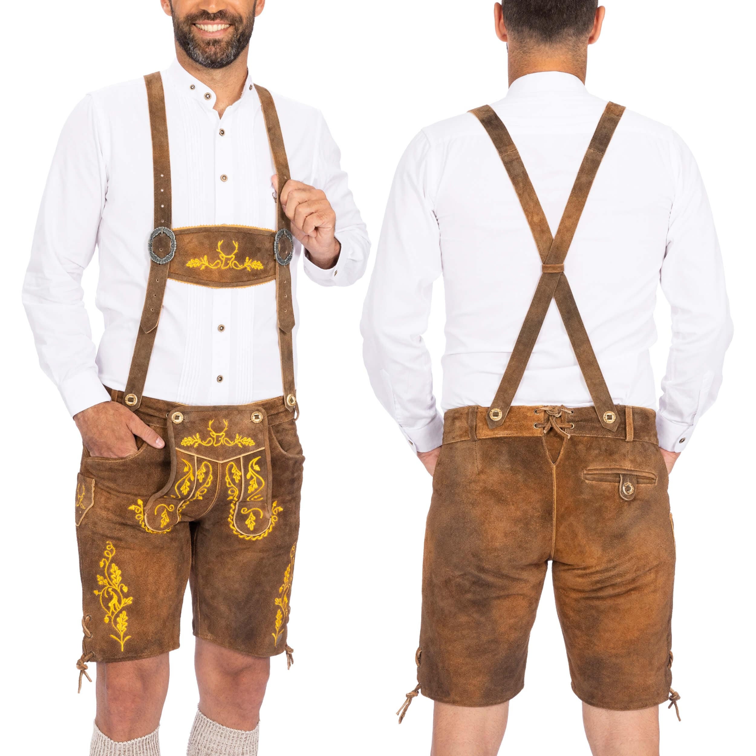 Autenticos pantalones de cuero para hombre Pantalones de cuero tradicionales alemanes Leiderhosen con tirantes y bordado Oktoberfest corto amarillo oliva Etsy Espana