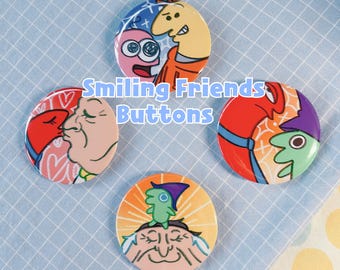 Smiling Friends 2.5" Metal Buttons - Can Badges/Pins of Pim, Charlie, Allan, Glep, and Mr. Boss