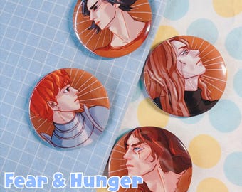 Fear and Hunger 2.5" Metal Buttons - Can Badges of Cahara, D'arce, Enki, and Ragnvaldr