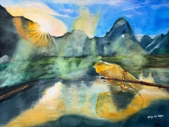 colorful fishing net casting Casting Net Fisherman Water Color Painting
