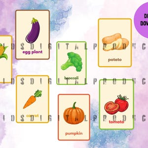 Vegetable Flashcards, Preschool Flashcards, Vegetable Name Cards, Food Learning Cards, Printable Flashcards, Kids Learning Flashcards