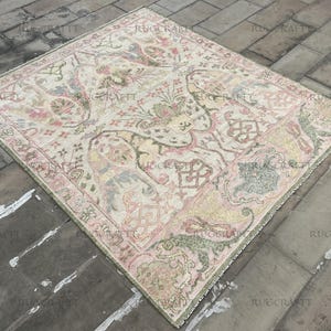 Hand Knotted Pastel Pink Green Oushak Wool Rug 8x10, Vintage Style Oriental Carpet, Elegant Floral Design Rug for Living Room or Bedroom